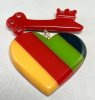 SZ55 Shultz red/laminated stripes bakelite heart/key pin